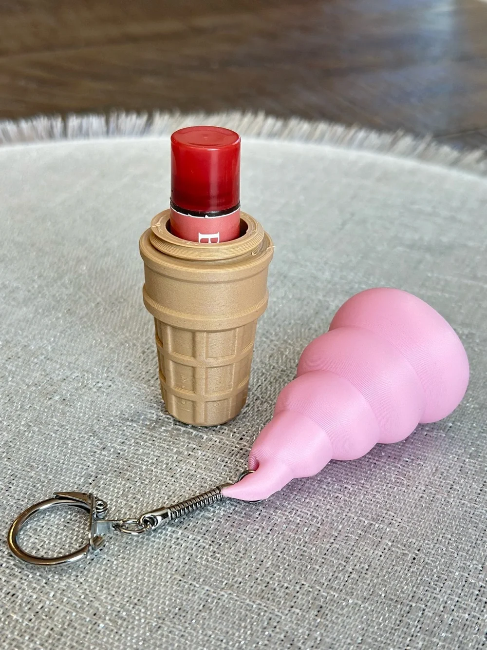 Ice cream Chapstick Lip Balm Holder Keychain / Bag Charm - Pink Soft Serve